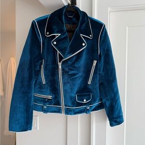 Blue Velvet Biker Jacket with White Piping